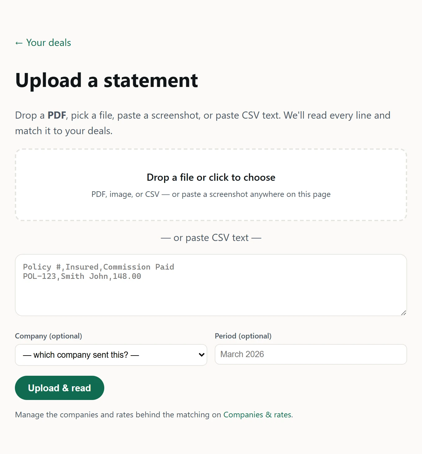 The PayoutVerify statement upload screen with a drop zone for PDF, image, or CSV